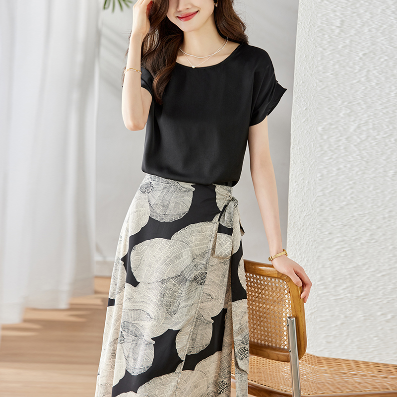 Ice silk short sleeve skirt all-match tops 2pcs set