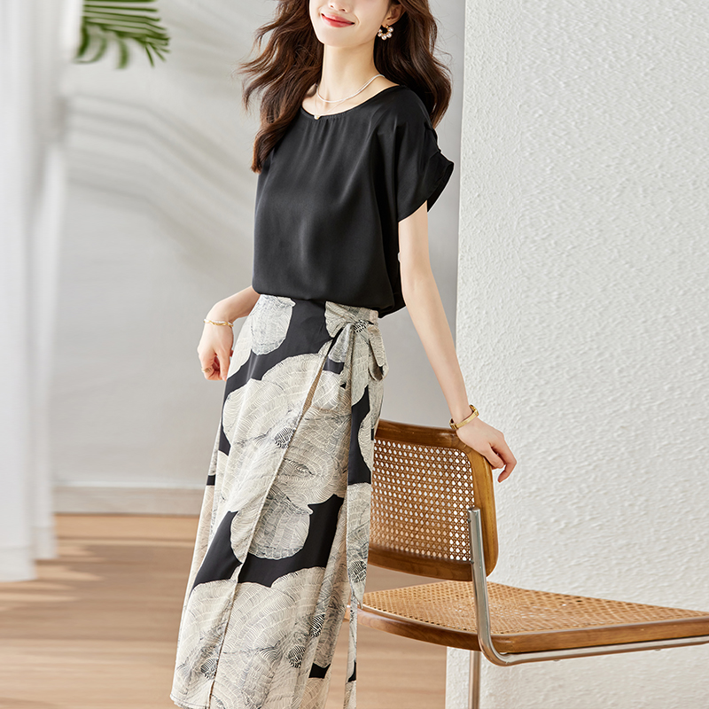 Ice silk short sleeve skirt all-match tops 2pcs set