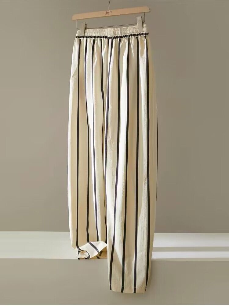 Summer elastic waist harem vertical stripes wide leg loose pants