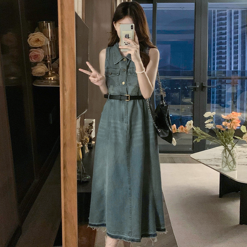 Fashion denim long dress A-line retro dress for women