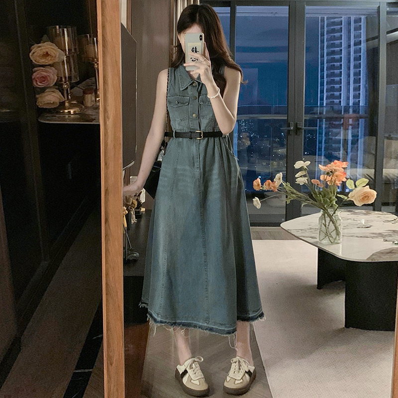 Fashion denim long dress A-line retro dress for women