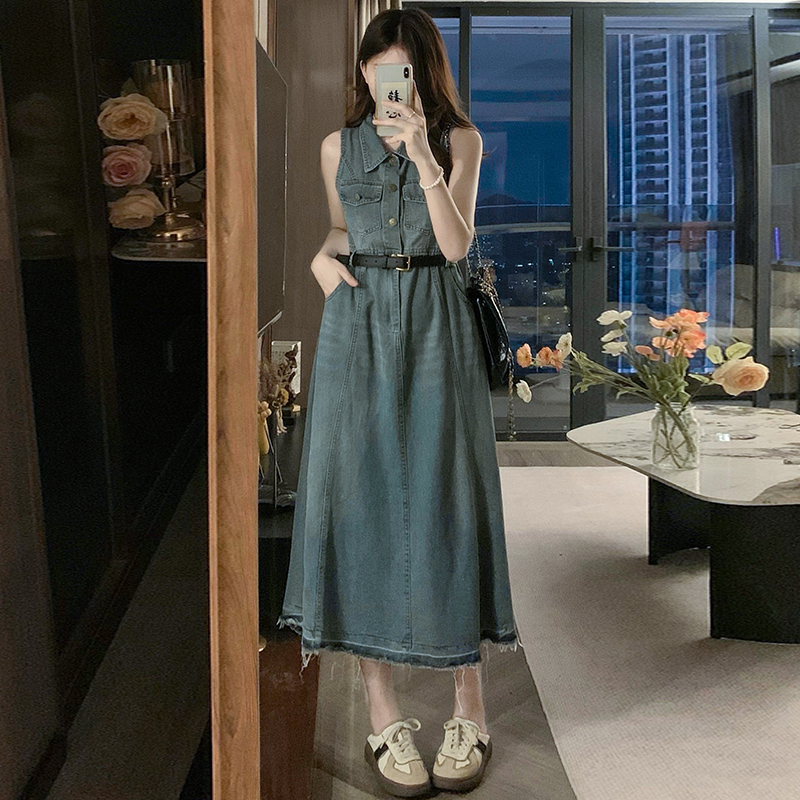 Fashion denim long dress A-line retro dress for women