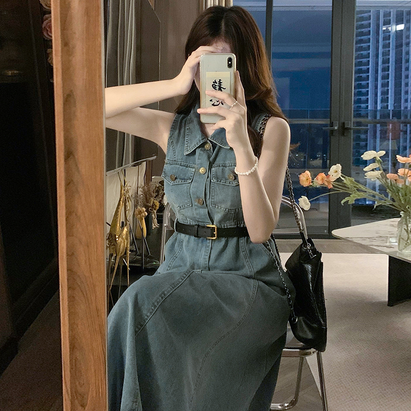 Fashion denim long dress A-line retro dress for women