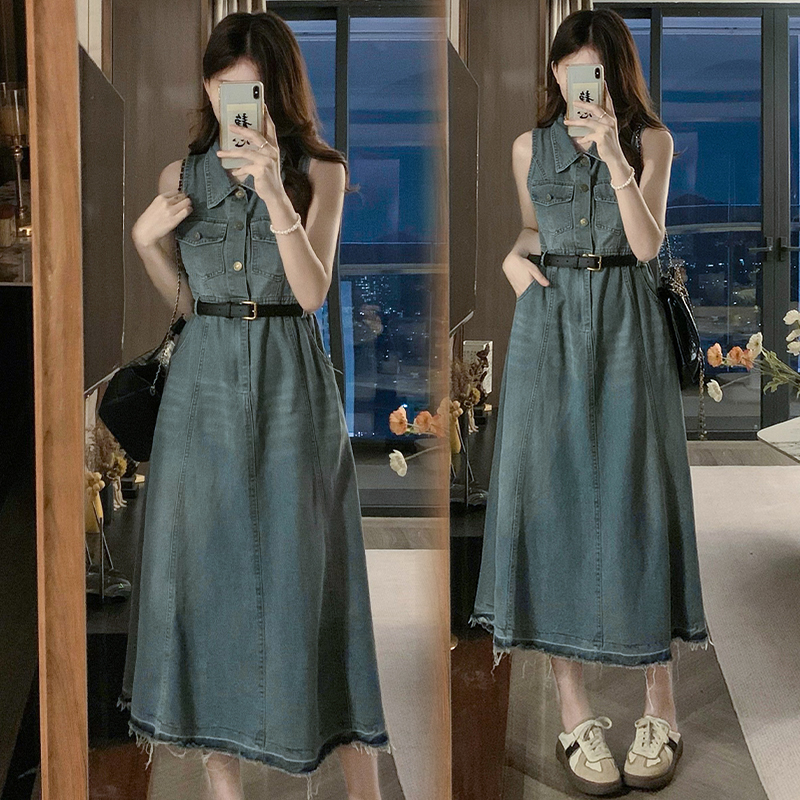 Fashion denim long dress A-line retro dress for women