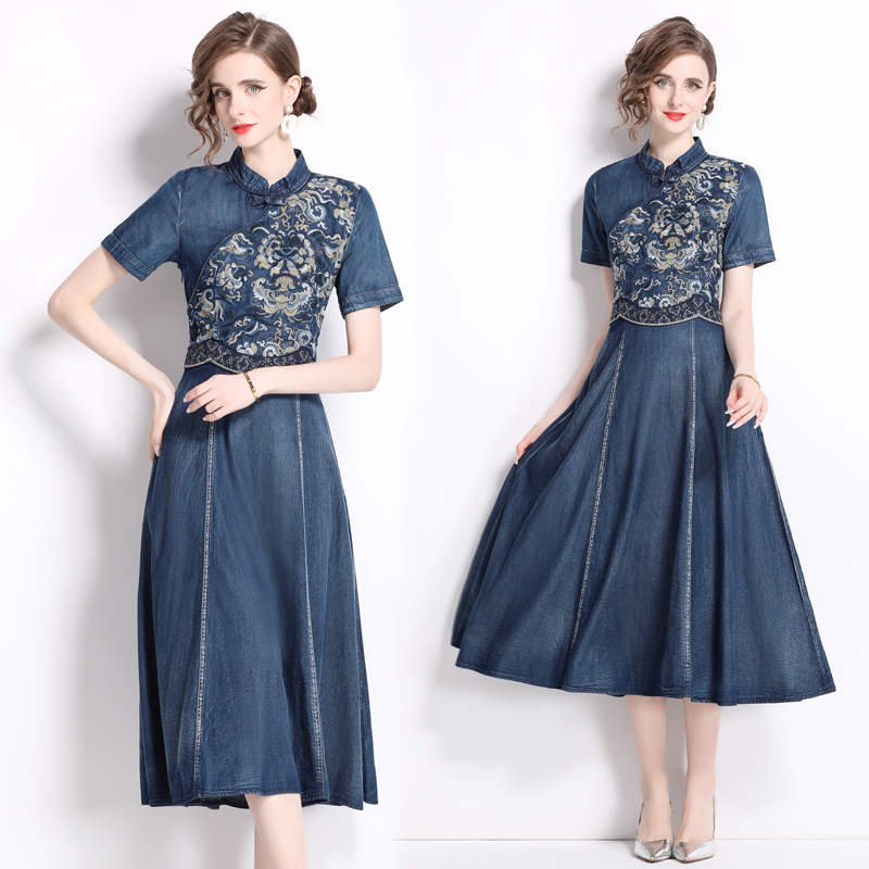 Embroidery retro summer dress denim Chinese style cheongsam