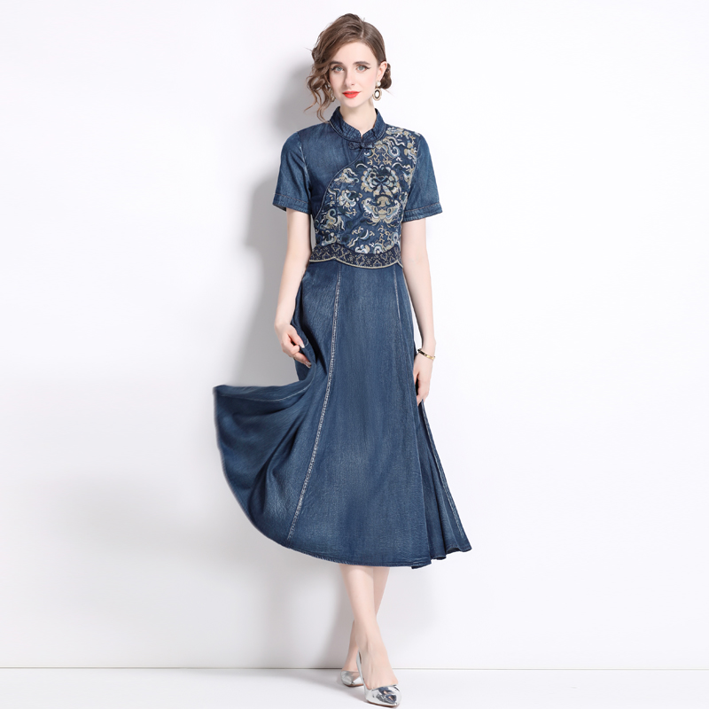 Embroidery retro summer dress denim Chinese style cheongsam