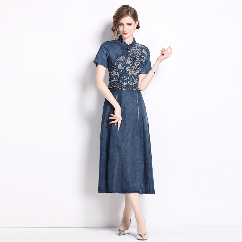 Embroidery retro summer dress denim Chinese style cheongsam