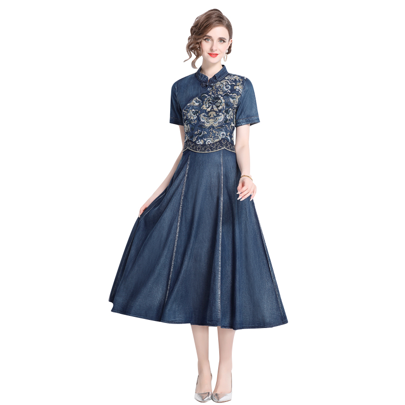 Embroidery retro summer dress denim Chinese style cheongsam