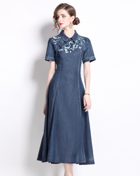 Short sleeve denim embroidery dress retro summer cheongsam