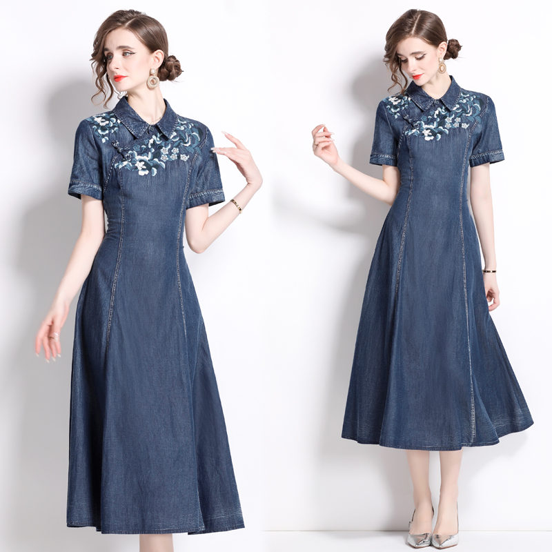 Short sleeve denim embroidery dress retro summer cheongsam