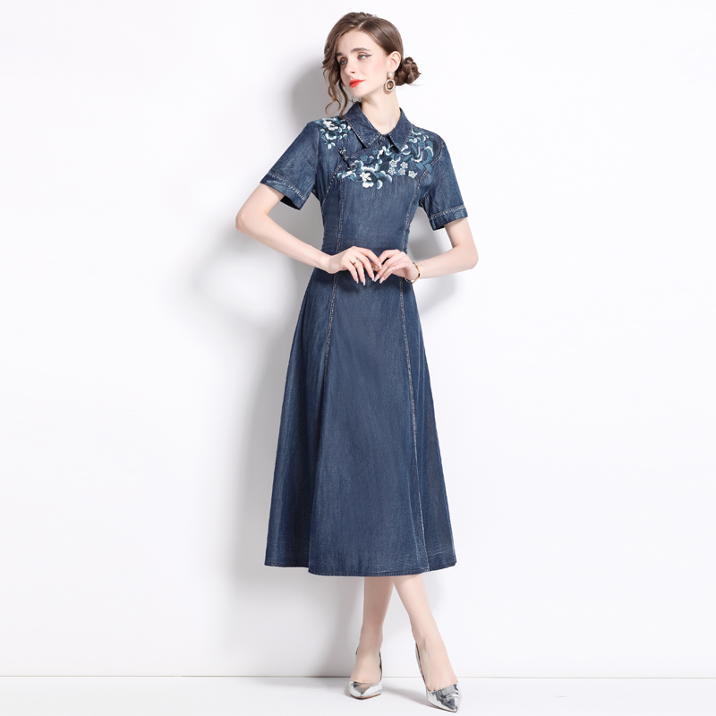 Short sleeve denim embroidery dress retro summer cheongsam