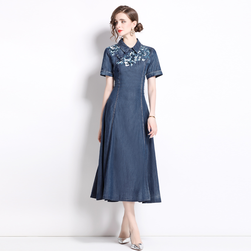 Short sleeve denim embroidery dress retro summer cheongsam