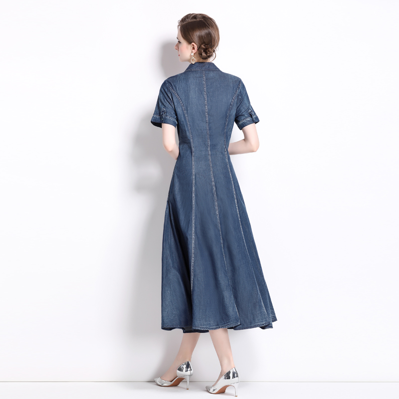 Short sleeve denim embroidery dress retro summer cheongsam