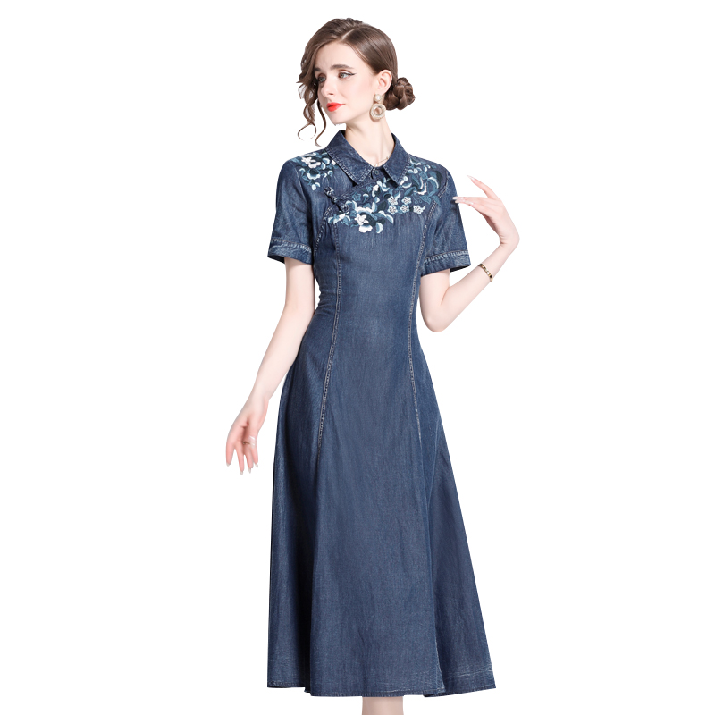 Short sleeve denim embroidery dress retro summer cheongsam