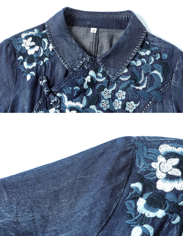 Short sleeve denim embroidery dress retro summer cheongsam