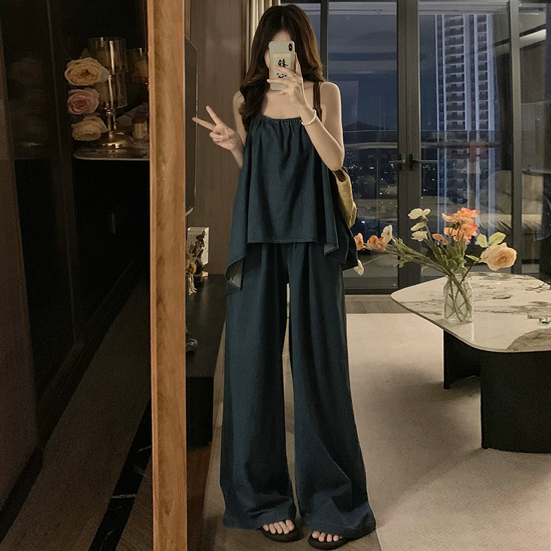 Retro loose vest sling wide leg pants 2pcs set for women