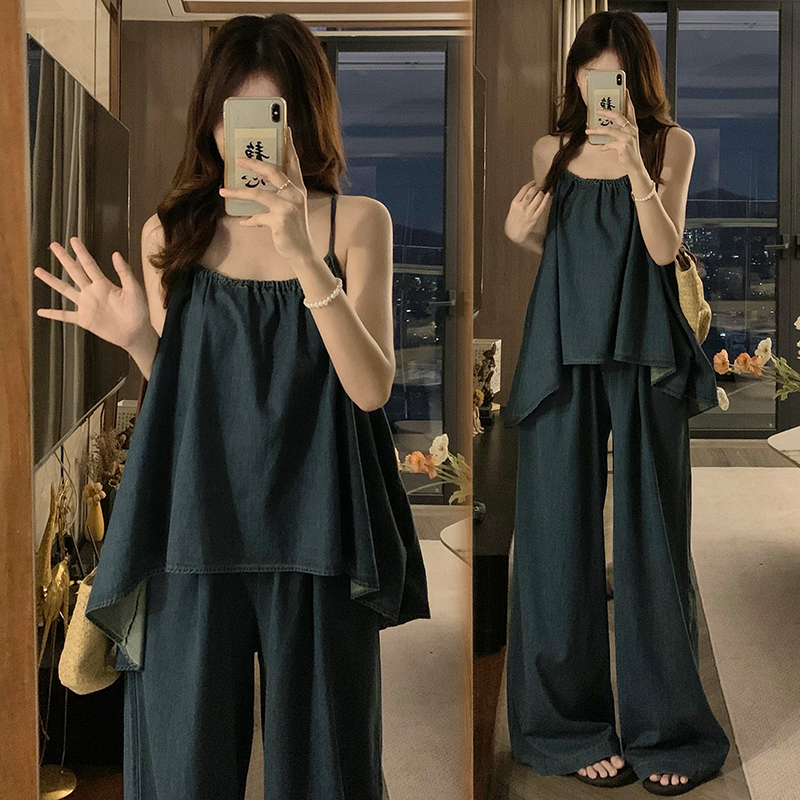 Retro loose vest sling wide leg pants 2pcs set for women