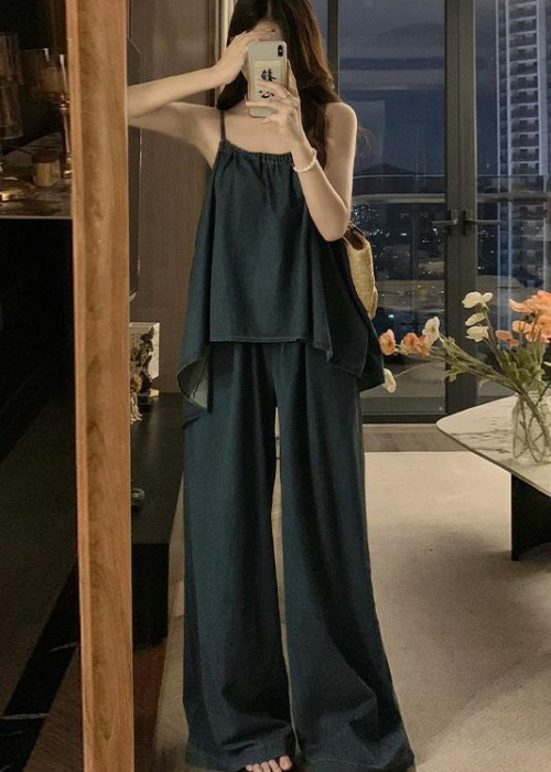 Retro loose vest sling wide leg pants 2pcs set for women