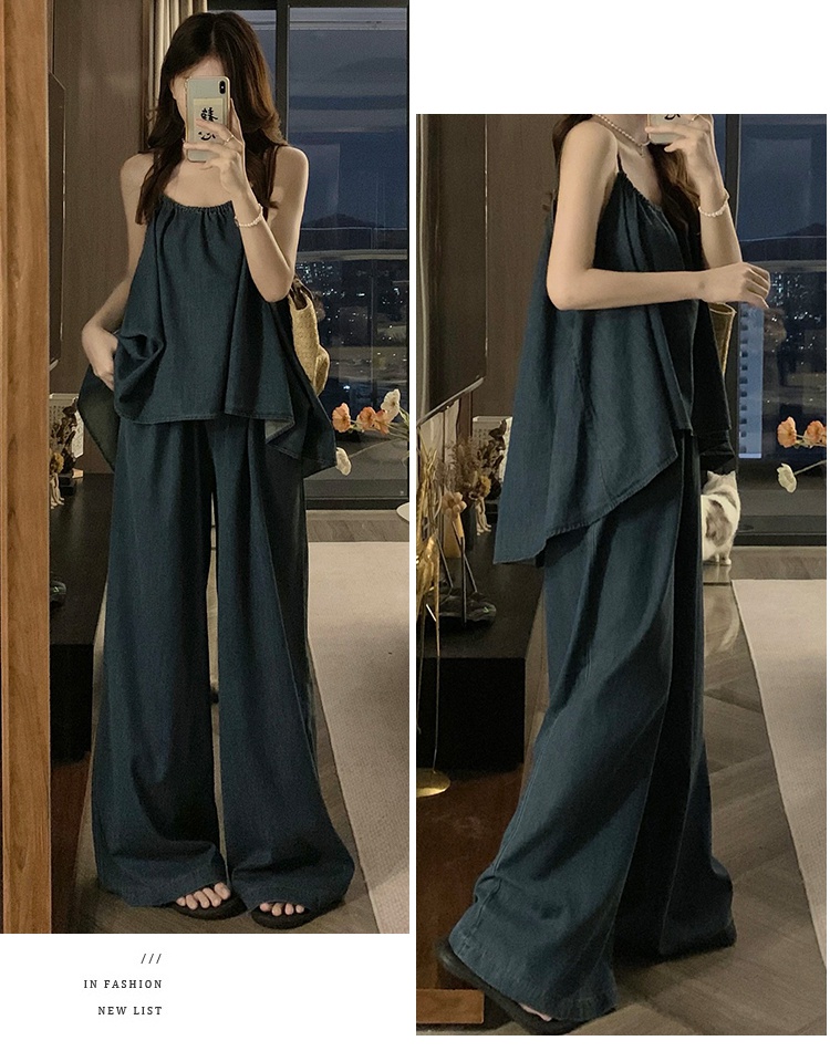 Retro loose vest sling wide leg pants 2pcs set for women