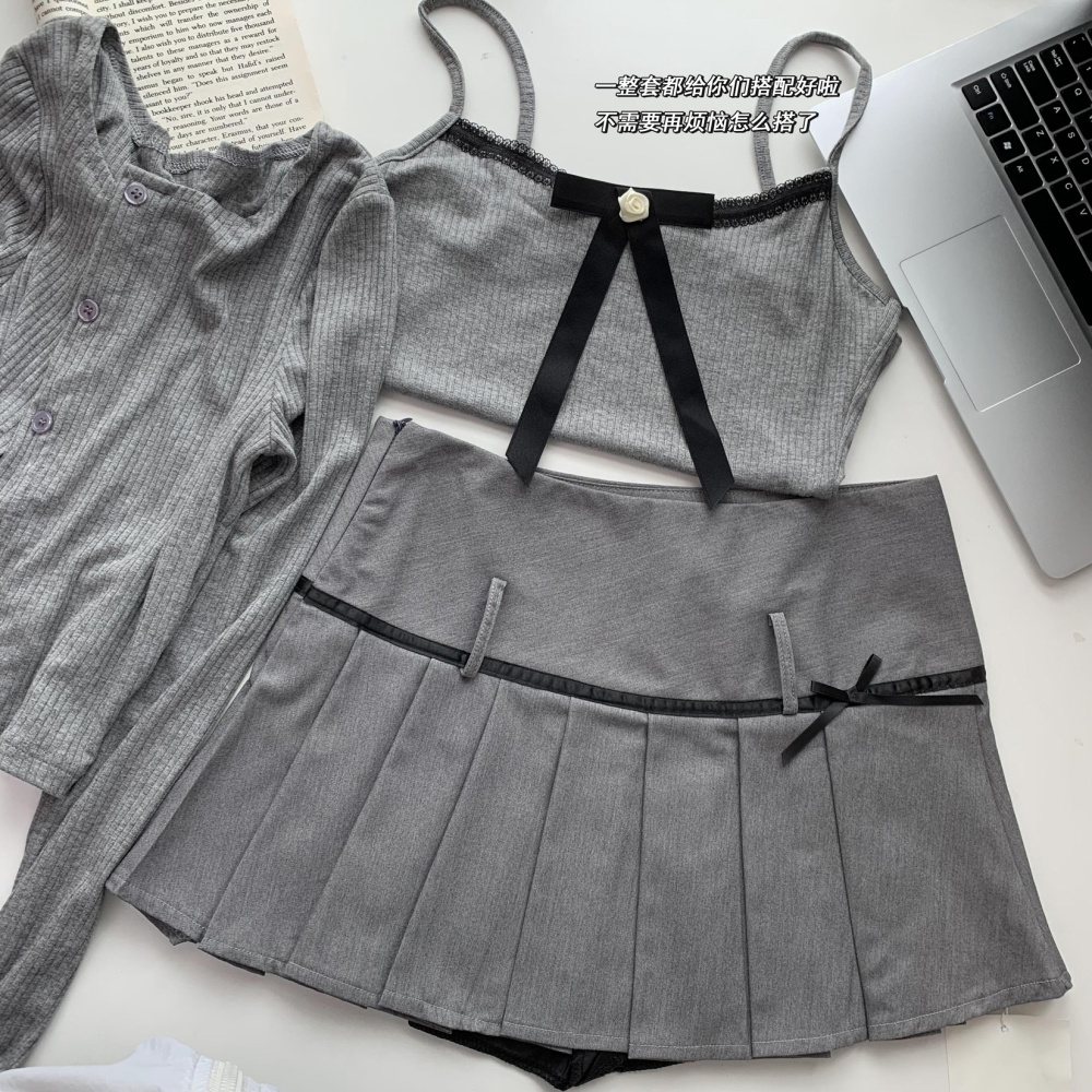 Pleated sling cardigan bow gray dress 2pcs set