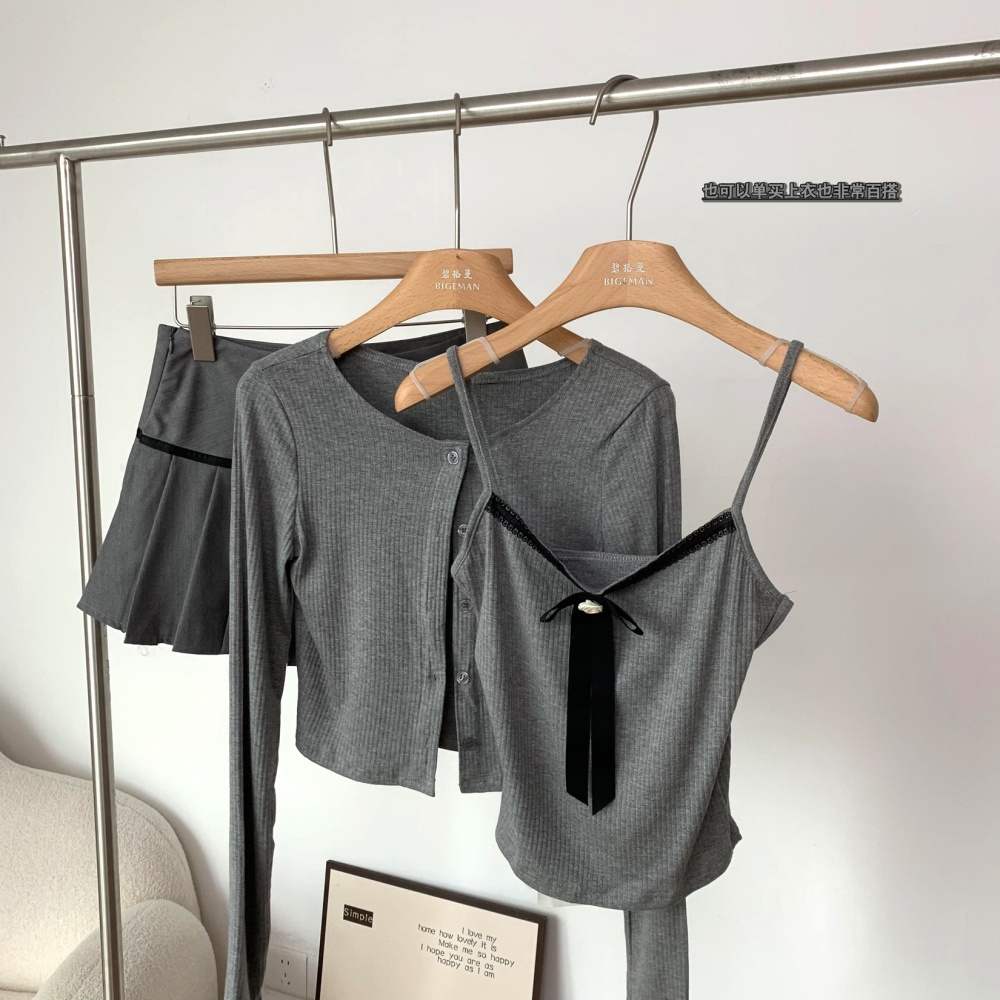 Pleated sling cardigan bow gray dress 2pcs set