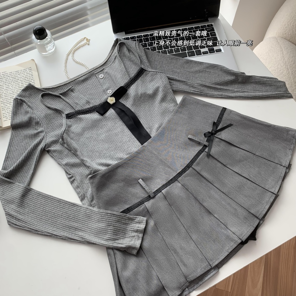 Pleated sling cardigan bow gray dress 2pcs set