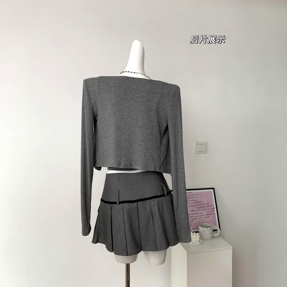 Pleated sling cardigan bow gray dress 2pcs set