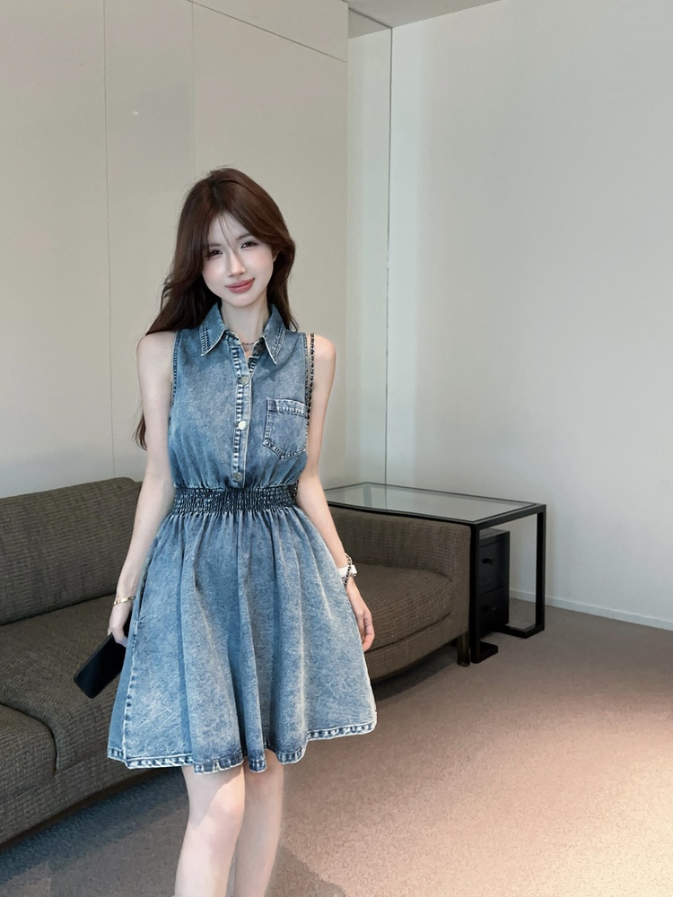 Retro slim denim A-line single-breasted dress for women