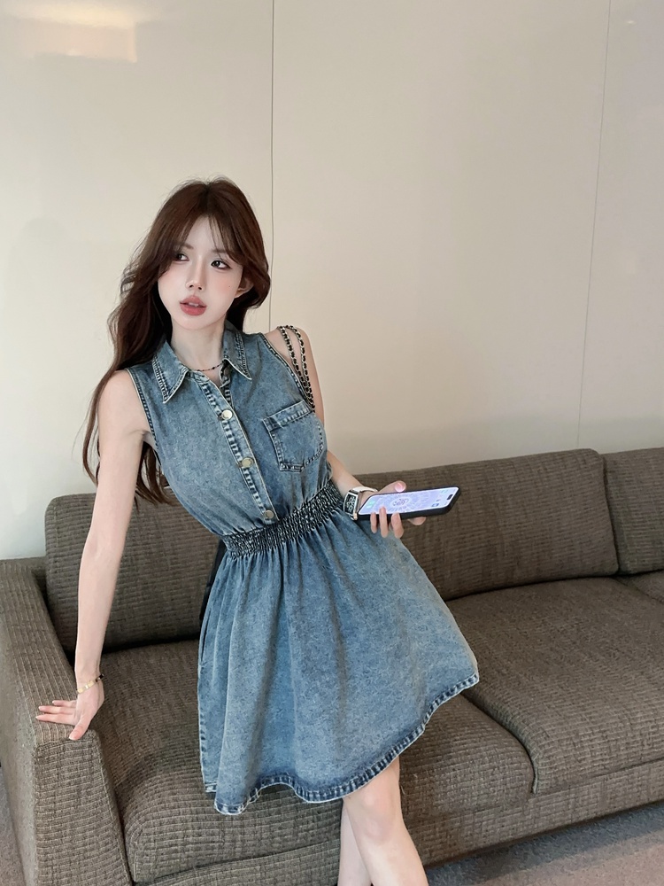 Retro slim denim A-line single-breasted dress for women