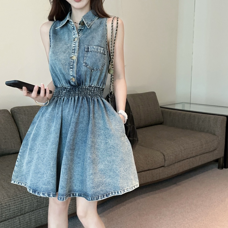 Retro slim denim A-line single-breasted dress for women