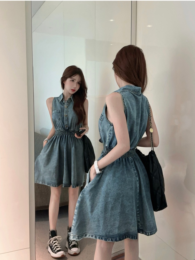 Retro slim denim A-line single-breasted dress for women