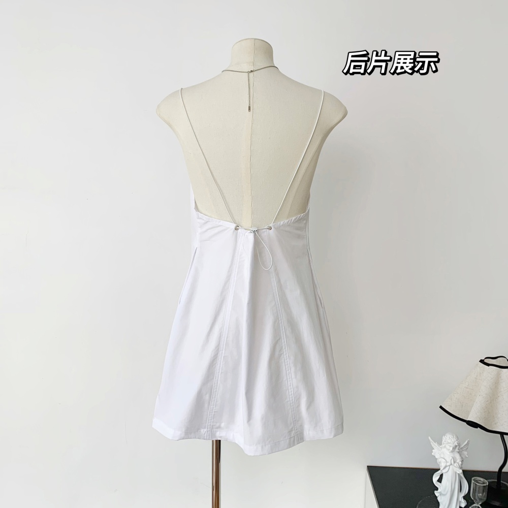 Short drawstring halter white cotton dress