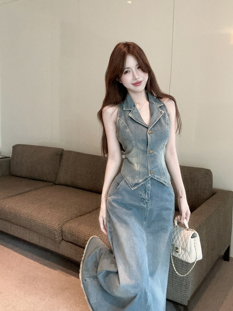 High waist denim skirt sleeveless A-line waistcoat 2pcs set