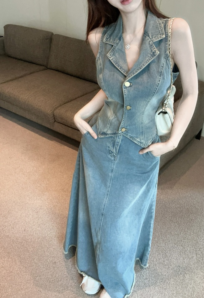 High waist denim skirt sleeveless A-line waistcoat 2pcs set