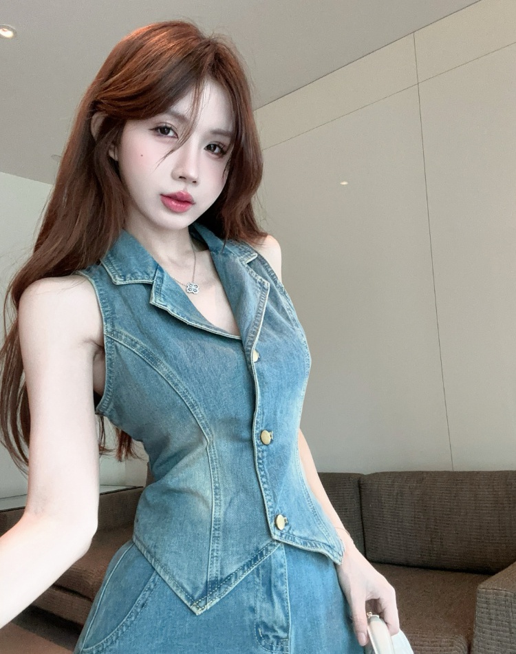 High waist denim skirt sleeveless A-line waistcoat 2pcs set