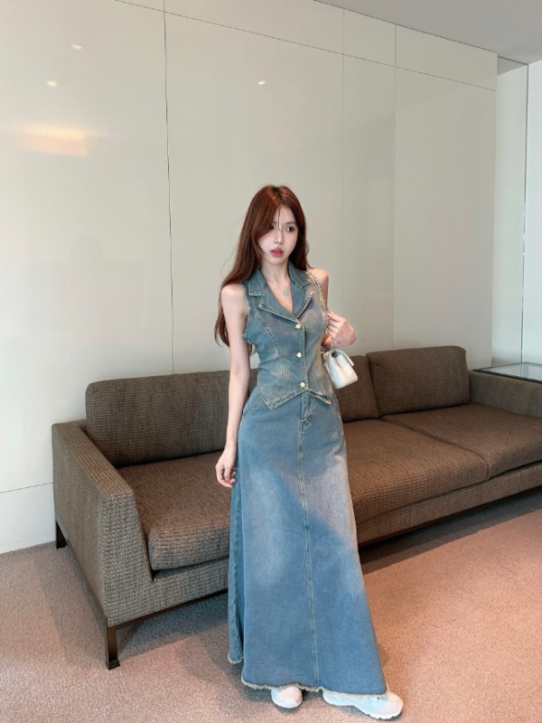 High waist denim skirt sleeveless A-line waistcoat 2pcs set