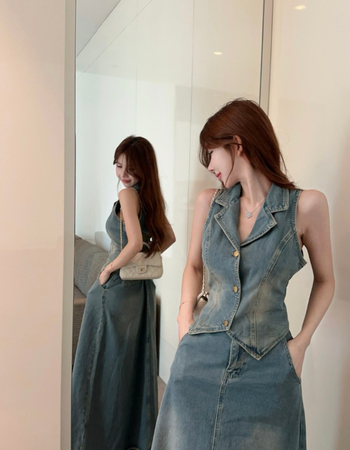 High waist denim skirt sleeveless A-line waistcoat 2pcs set