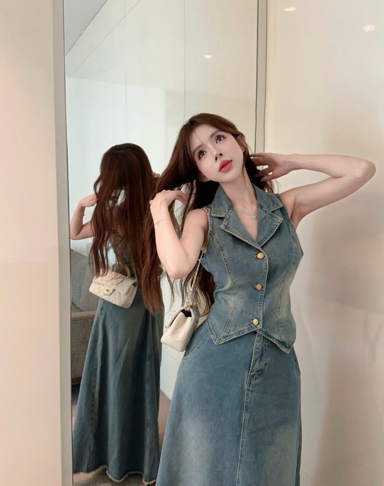 High waist denim skirt sleeveless A-line waistcoat 2pcs set