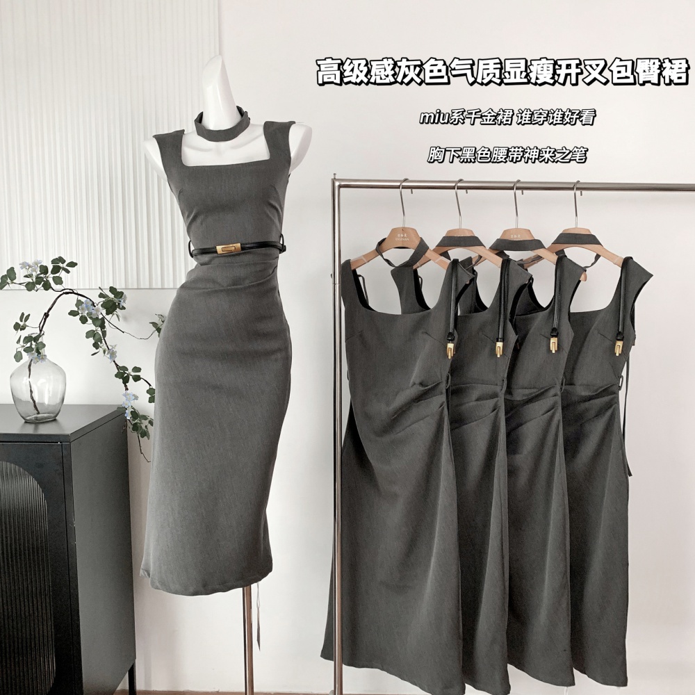 Slit high waist gray package hip slim temperament dress