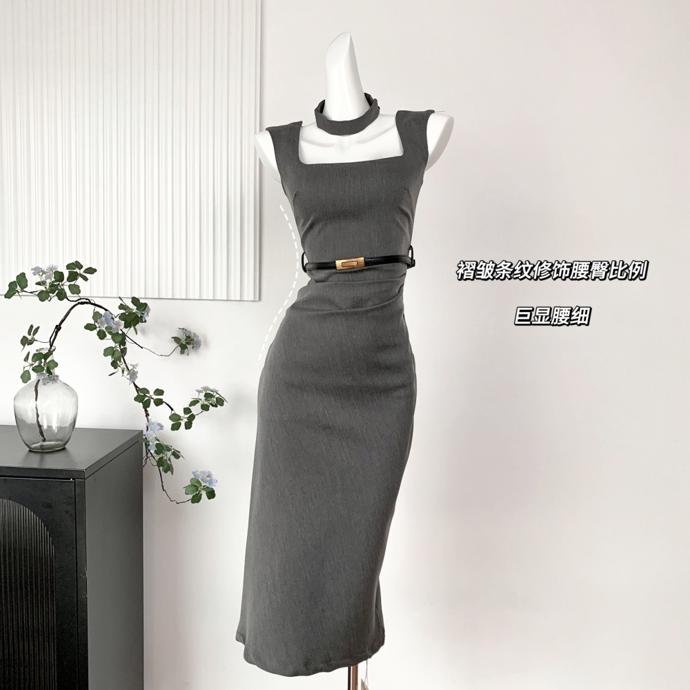 Slit high waist gray package hip slim temperament dress