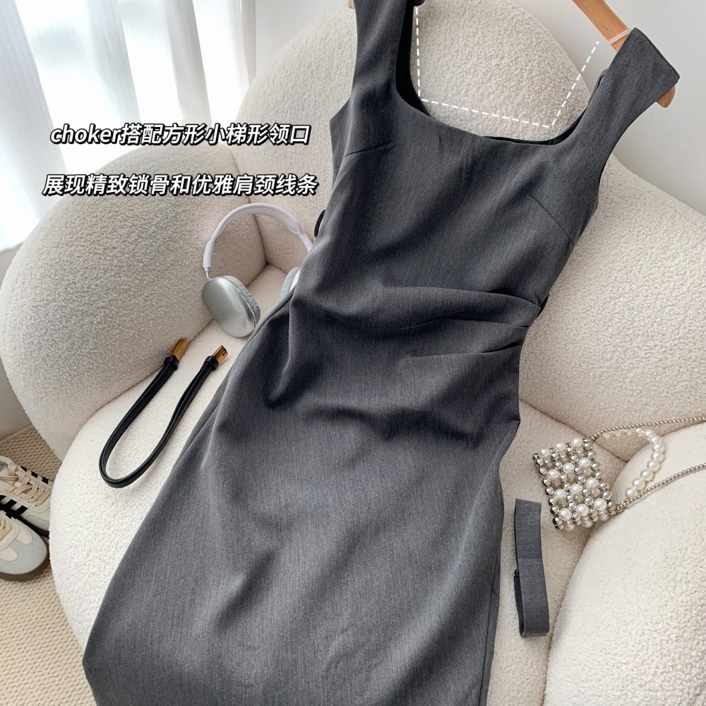 Slit high waist gray package hip slim temperament dress