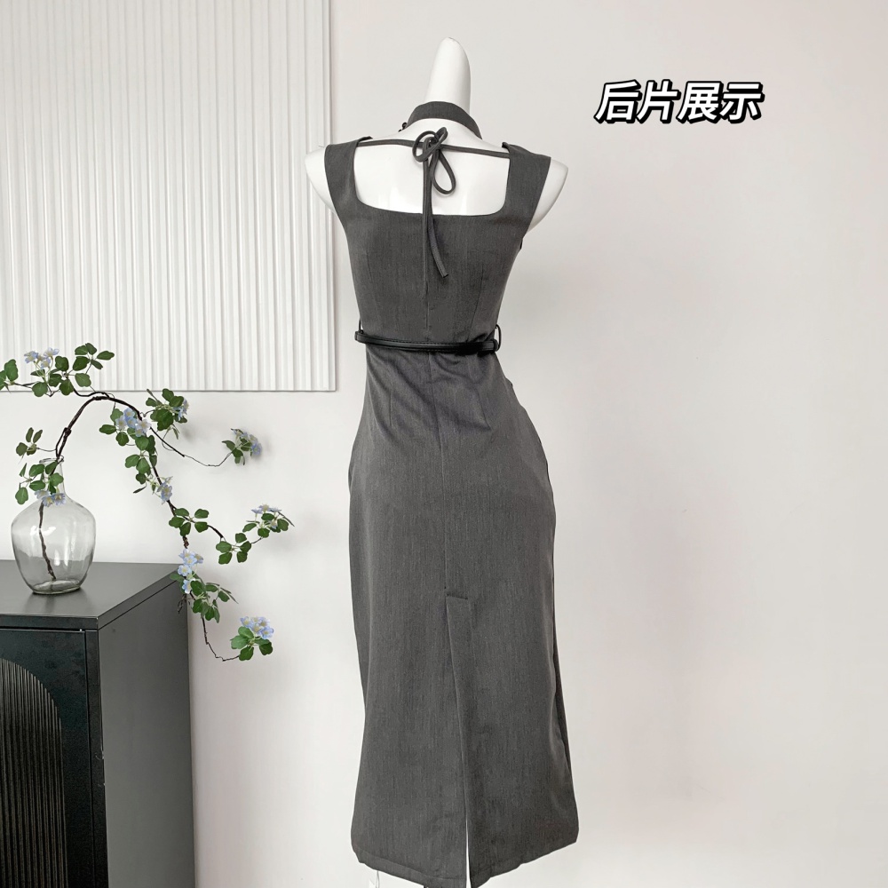 Slit high waist gray package hip slim temperament dress