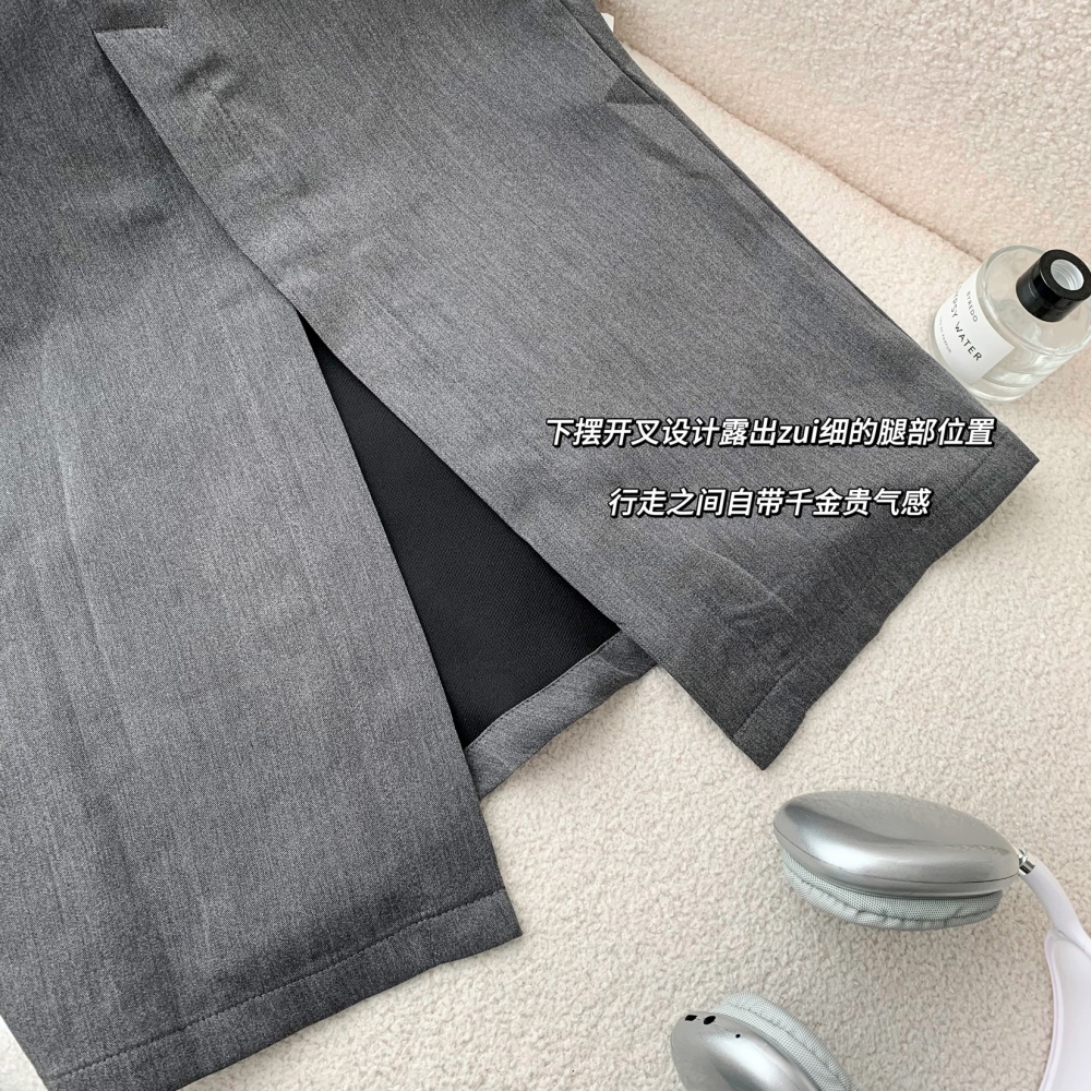 Slit high waist gray package hip slim temperament dress