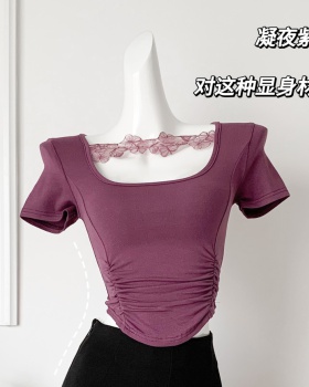Chouzhe embroidery lace clavicle T-shirt