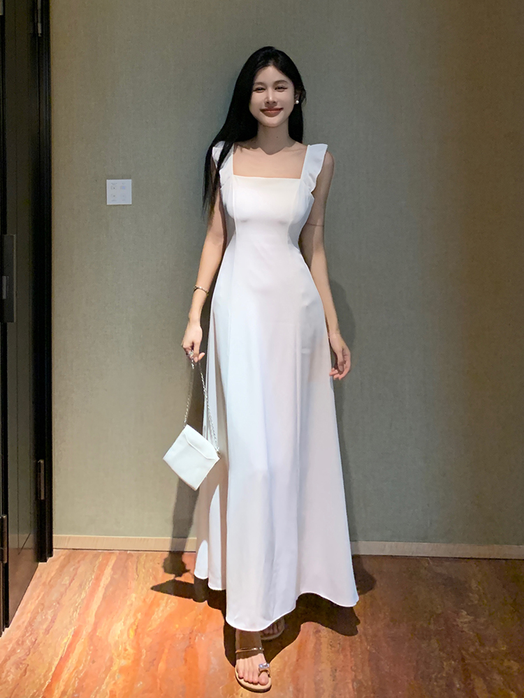 Slim square collar dress sling pinched waist long dress