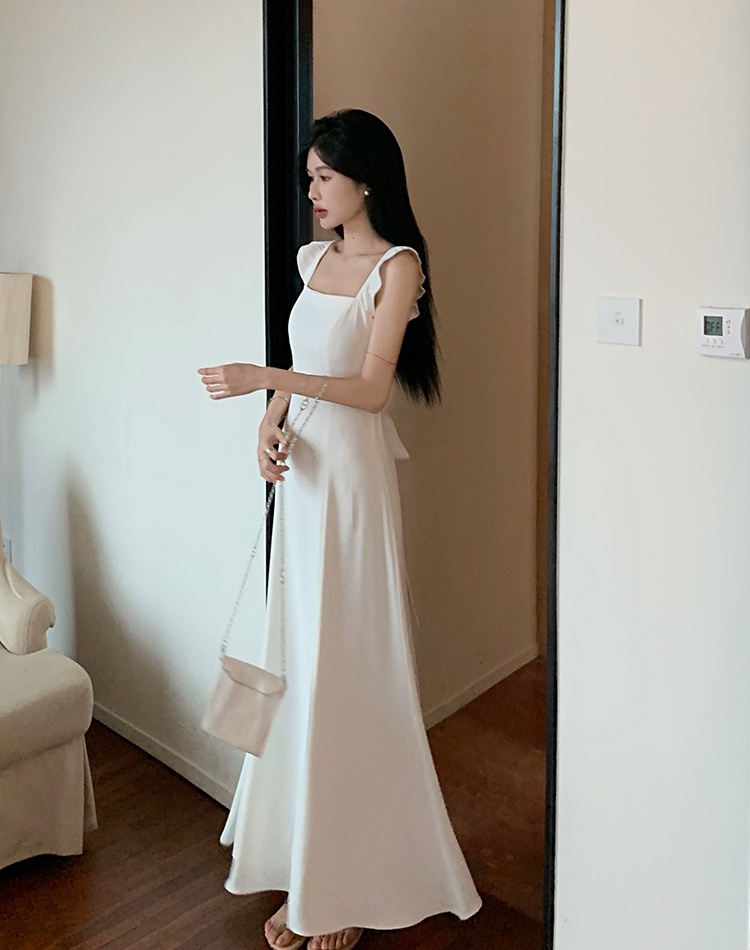 Slim square collar dress sling pinched waist long dress