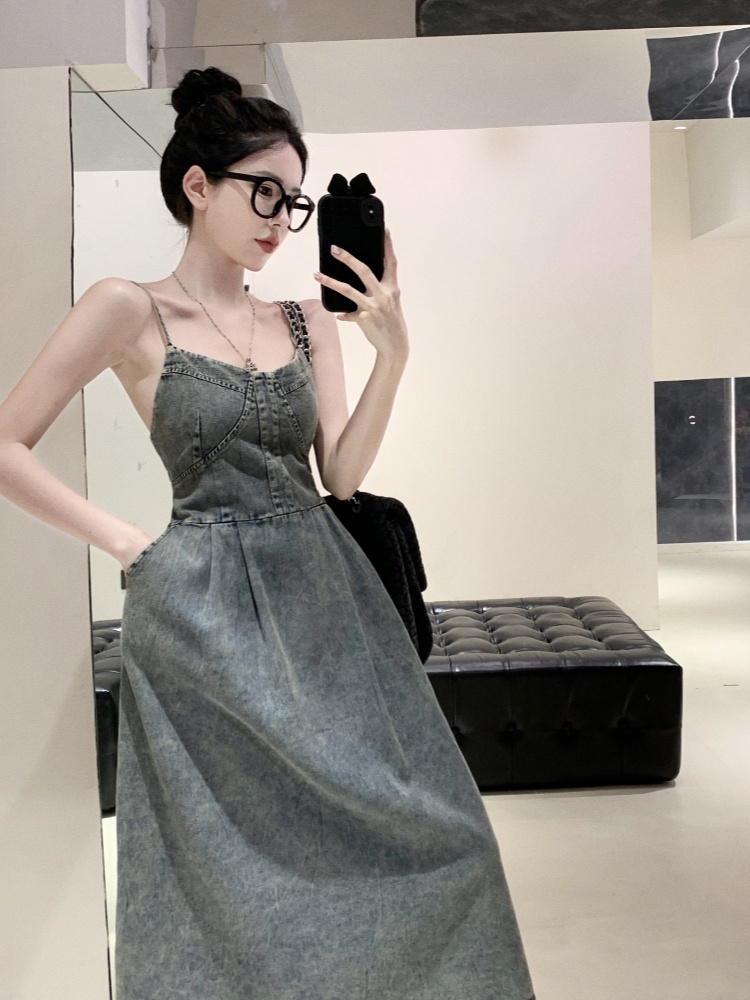 Retro pinched waist dress A-line long dress for women