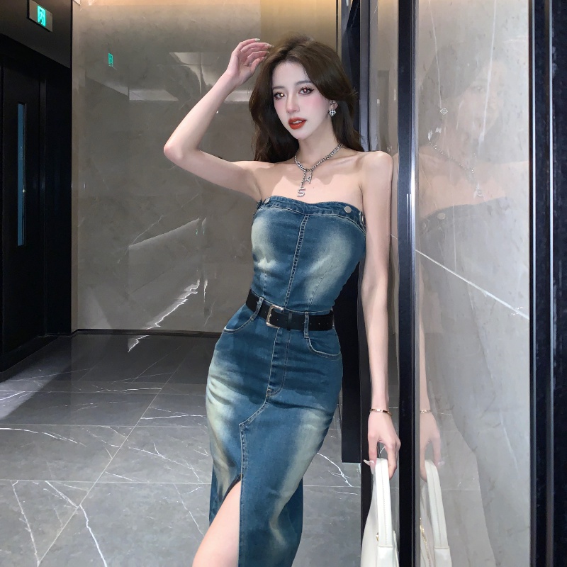 Pinched waist split denim flat shoulder sexy dress