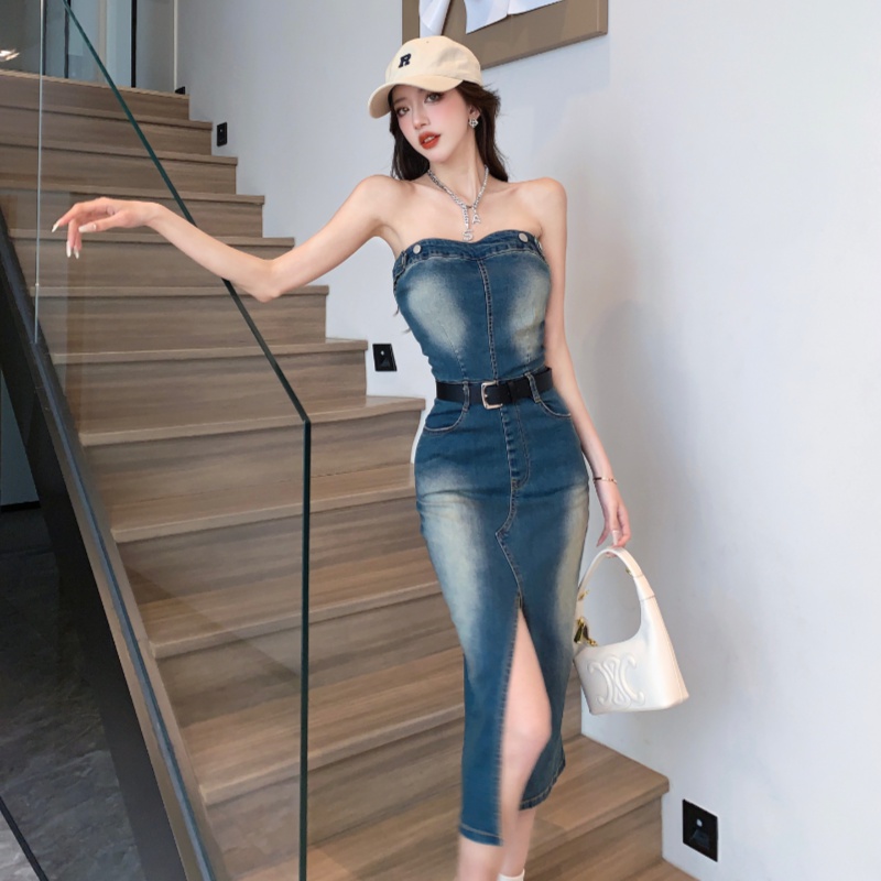 Pinched waist split denim flat shoulder sexy dress