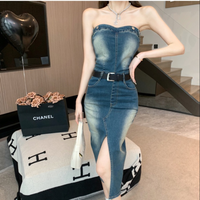 Pinched waist split denim flat shoulder sexy dress